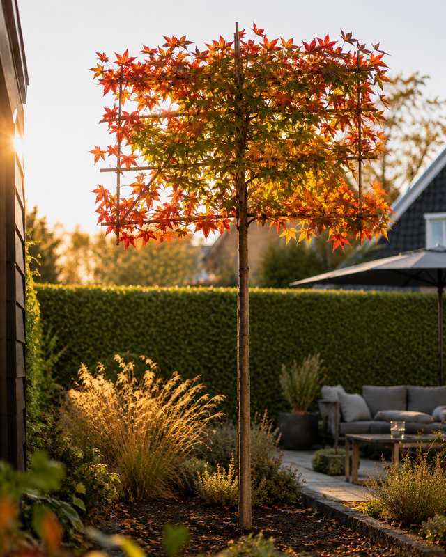 Amber-Spalierbaum 'Worplesdon' im herbstlichen deutschen Garten